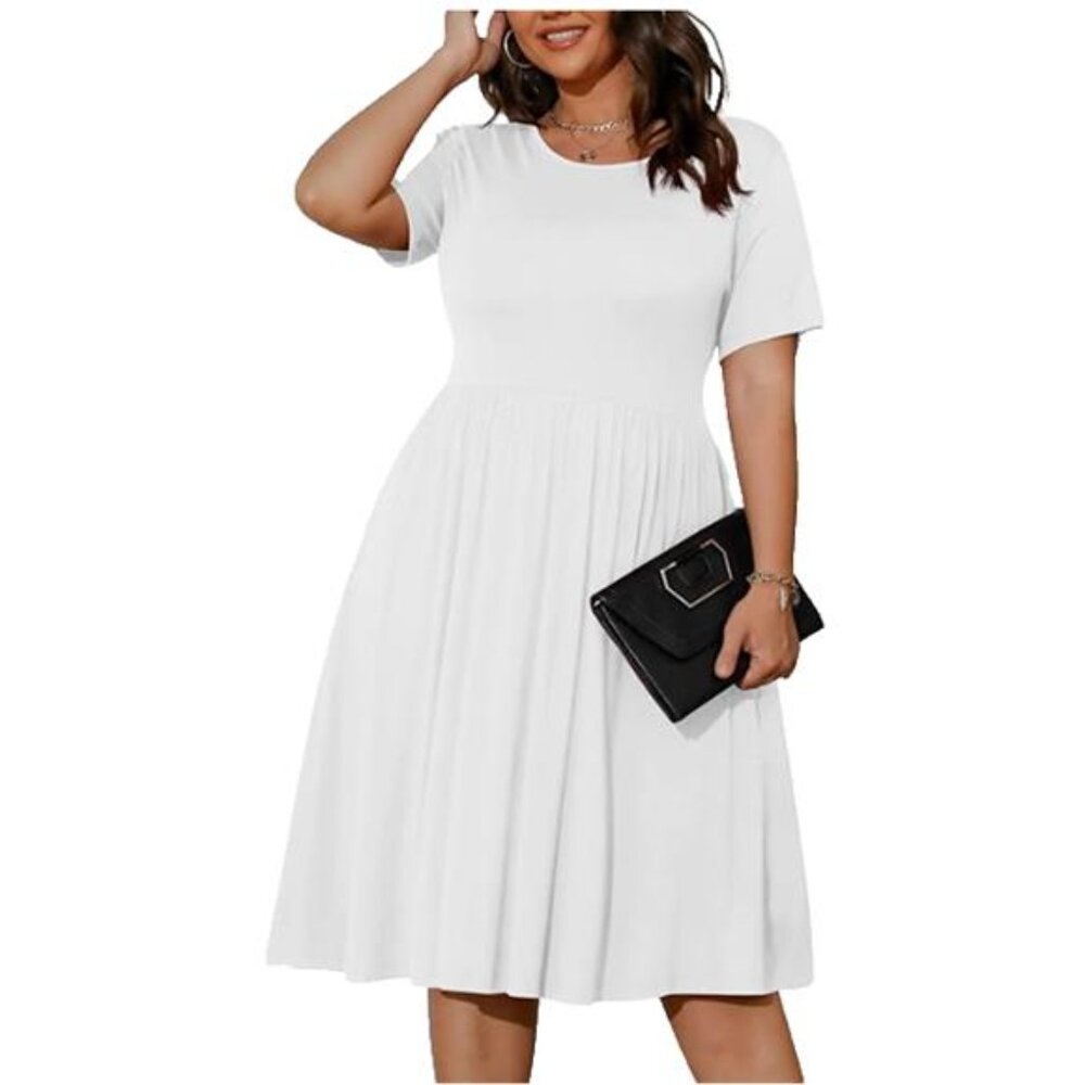 POSESHE Plus Size T-Shirt Dress Short Sleeve with Pockets White - Women's 3XL
